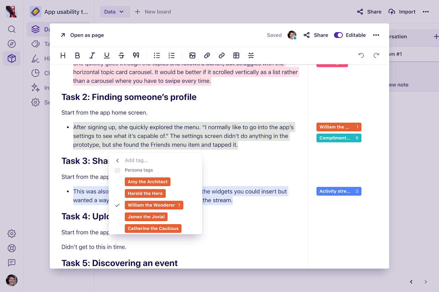 Usability testing notes with tags applied, including an extension tag.