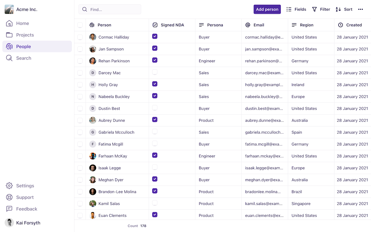 A screenshot of the people list in Dovetail.