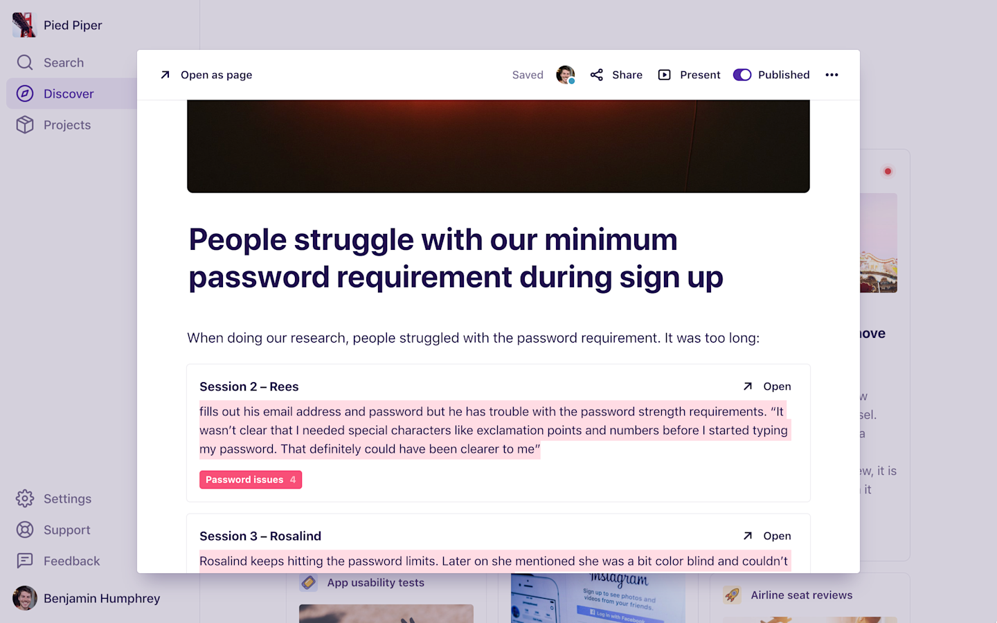 A screenshot of an insight open in a modal in the Discover feed.