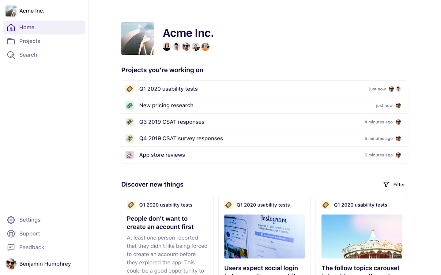 Screenshot showing a long list of projects in Dovetail.