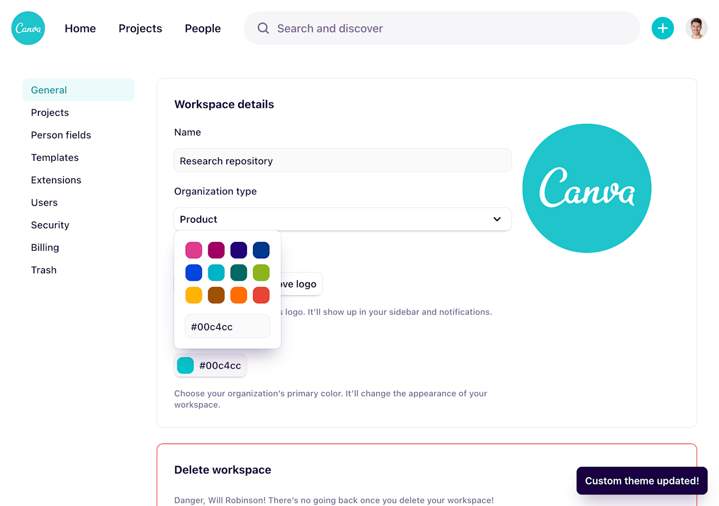 Customize your workspace with a new custom theming feature in Dovetail.
