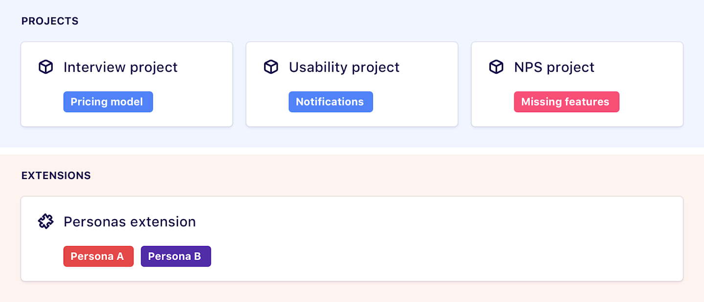 Three projects and an extension with tags.