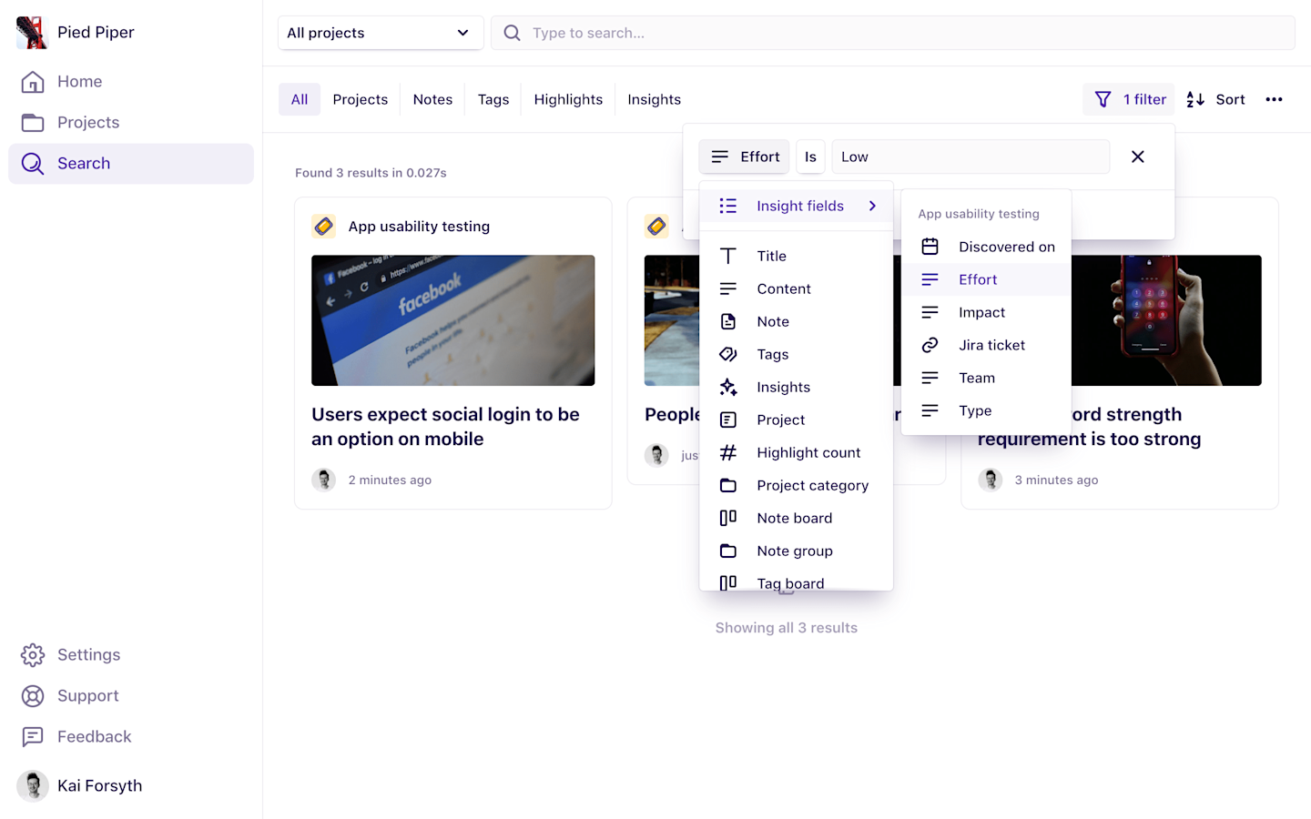 Filtering by fields stored on an insight in search