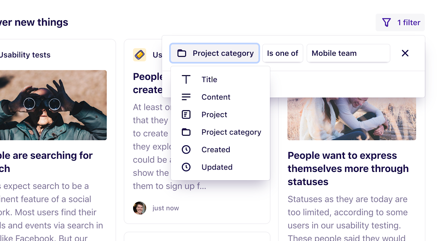 Screenshot of filtering on the new home page.