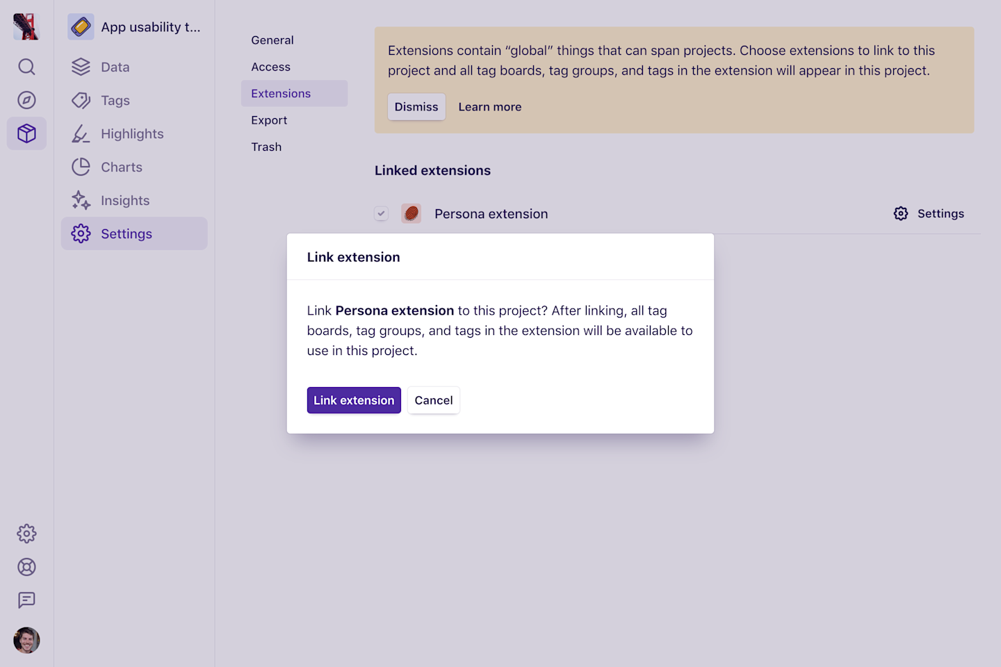 A confirmation dialog about linking an extension to a project.