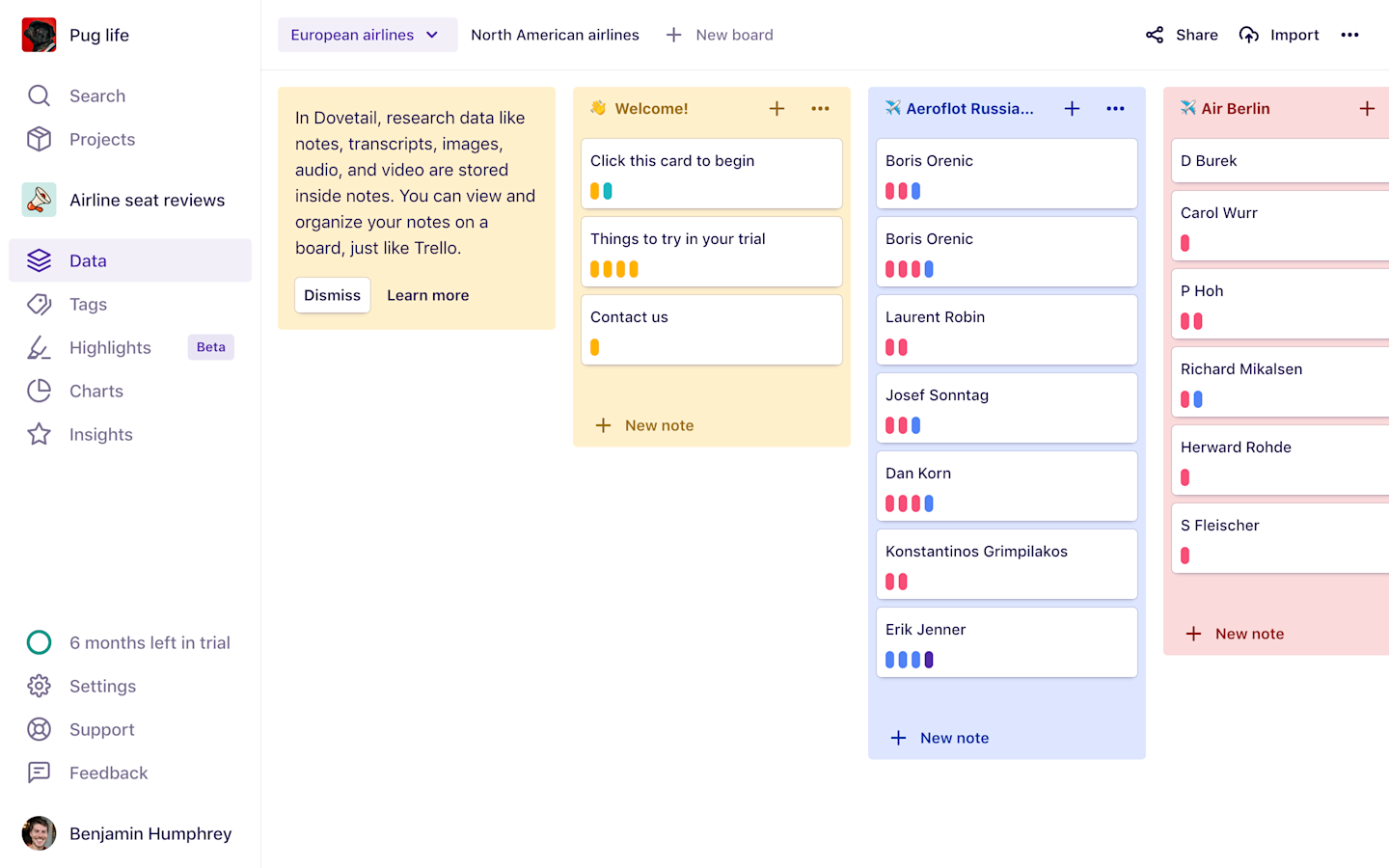 Screenshot of multiple boards on the data page i