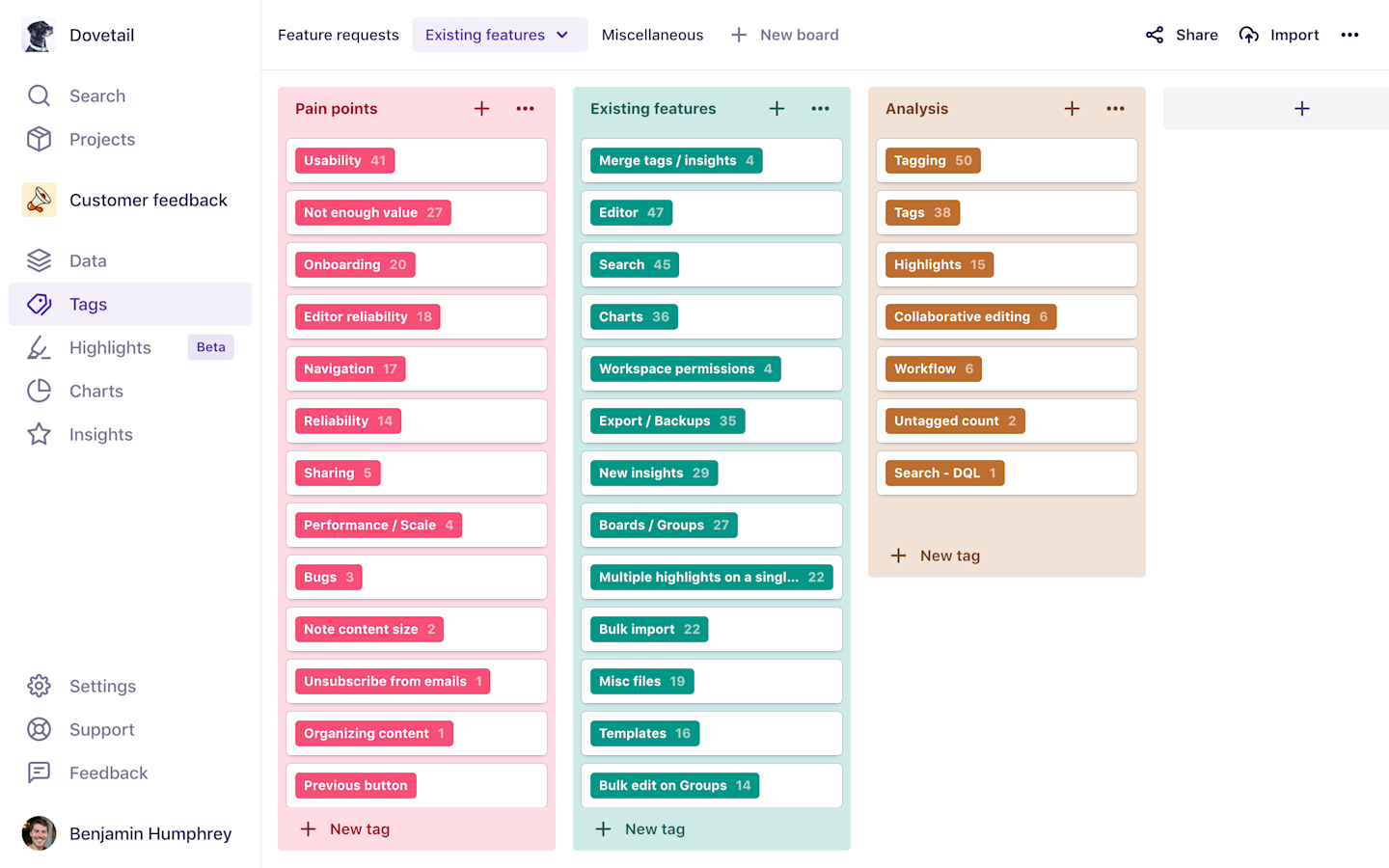 Screenshot of multiple boards on the tags page.