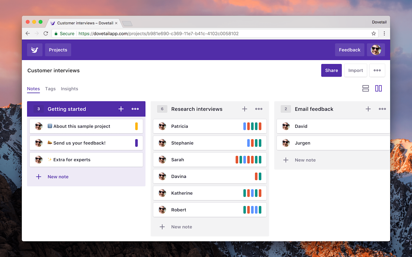 Screenshot of the board view in Dovetail.