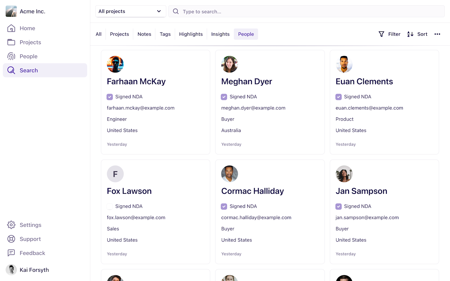 A screenshot of searching for people in Dovetail.
