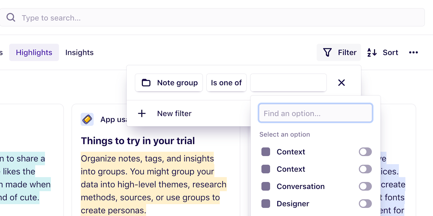 Screenshot of adding a new filter in Dovetail.