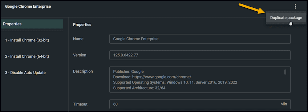 Screenshot of the PDQ Connect UI showing package duplication.