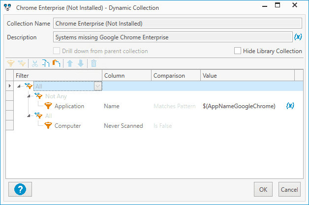 PDQ Inventory filter showing Chrome not installed using dynamic collection