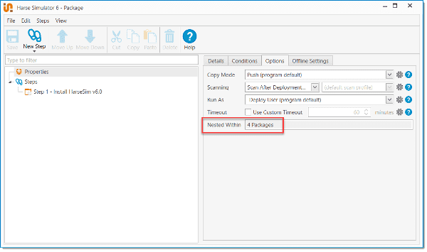 Screenshot of the PDQ Deploy interface and the "Nested Within" field showing the number of package locations.