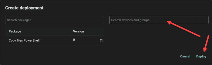 Screenshot of the Create deployment window in PDQ Connect showing the Search devices and groups field and the Deploy button.