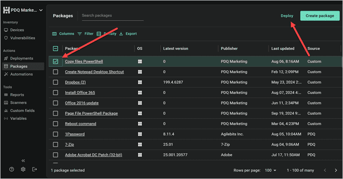 Screenshot of the Packages tab in PDQ Connect showing the checkbox next to the newly created package and the Deploy button.