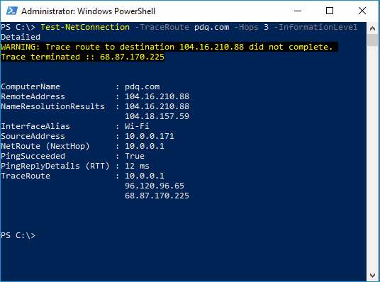 PowerShell Test-NetConnection -TraceRoute with -Hops 3 and -InformationLevel Detailed showing trace route terminated before reaching destination.