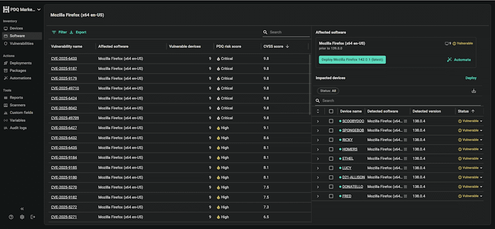 PDQ Software dashboard showing Mozilla Firefox CVEs with severity ratings, CVSS scores, and a list of affected devices flagged as vulnerable.