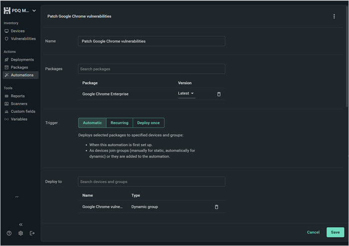 The "Patch Google Chrome vulnerabilities" automation, showing options to change the version, trigger, and targeted group.
