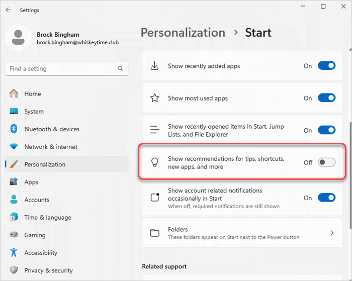 Screenshot showing the "Show recommendations for tips, shortcuts, new apps, and more" setting in Settings > Personalization.