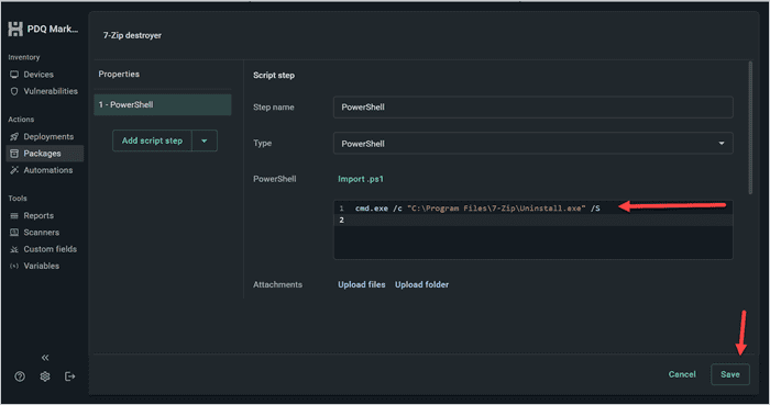 Screenshot showing the PowerShell script and the Save button.