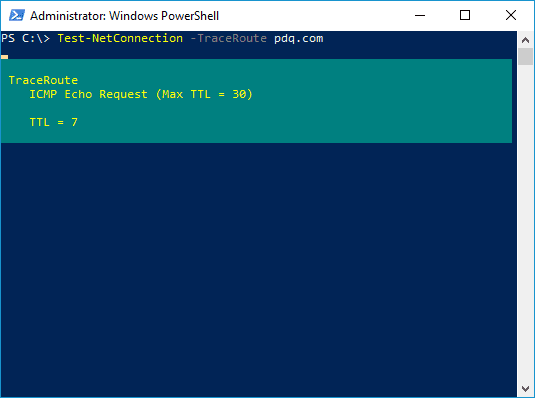 PowerShell Test-NetConnection -TraceRoute output displaying ICMP Echo Request with maximum TTL of 30 and TTL value reached at 7.