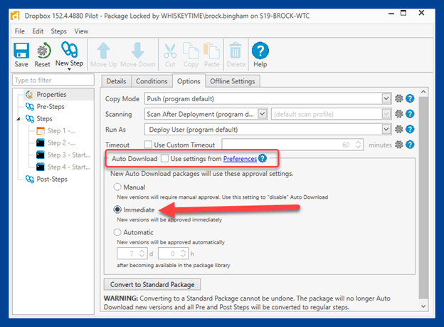 Uncheck Auto Download Use settings from Preferences and select Immediate