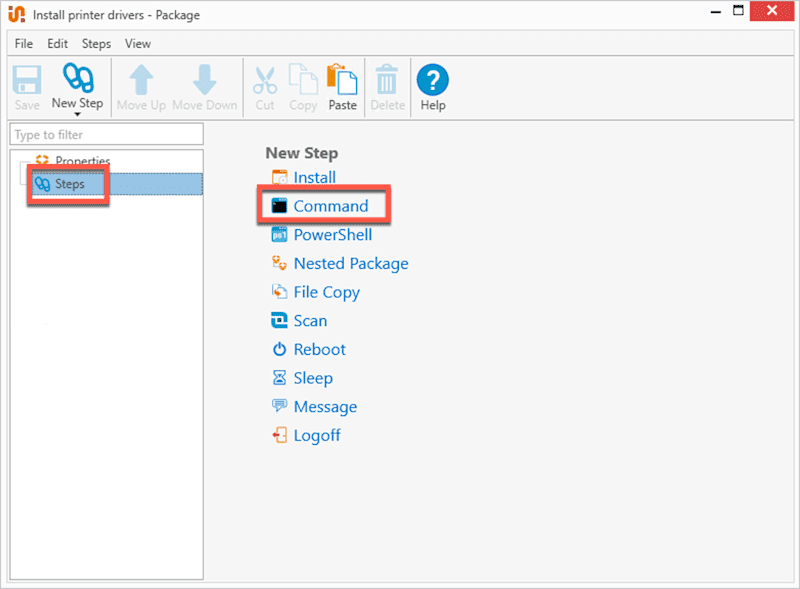 A screenshot showing how to create a command step in PDQ Deploy.