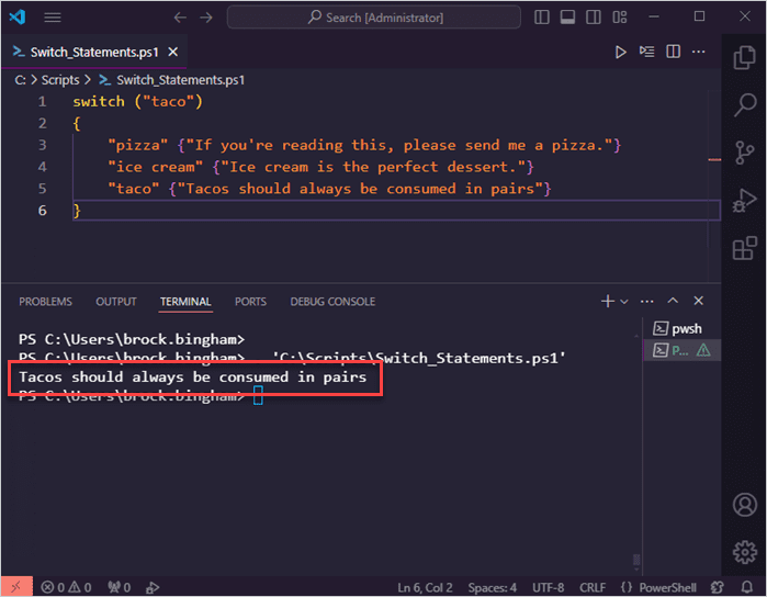 PowerShell switch statement example number one.