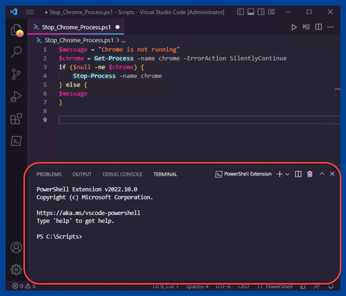 The integrated PowerShell terminal in VS Code