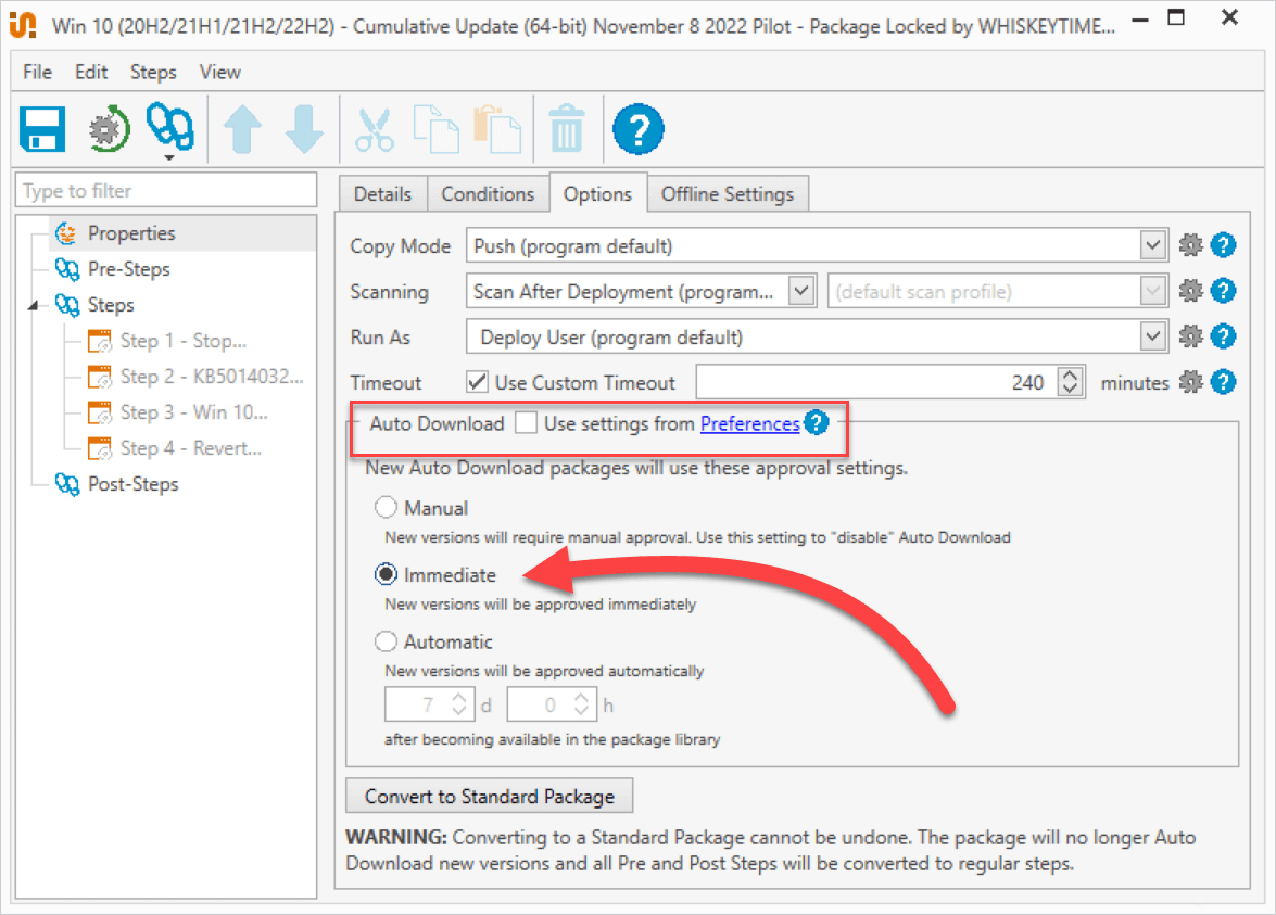 Changing the Auto Download settings at the package level in PDQ Deploy