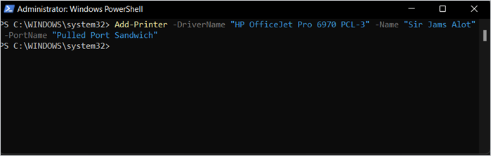 Installing a printer using PowerShell.