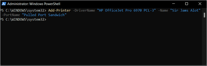 Screenshot of installing a printer using PowerShell.
