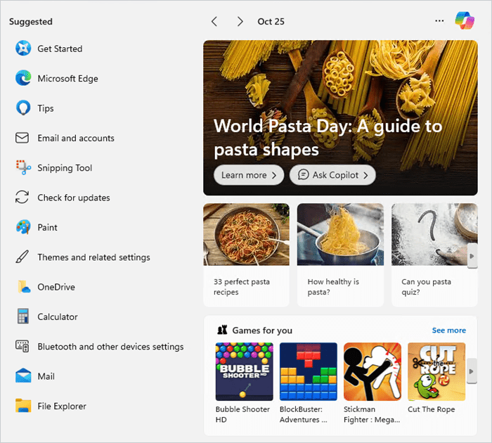 Screenshot showing the search window, which includes several articles on pasta and game recommendations.