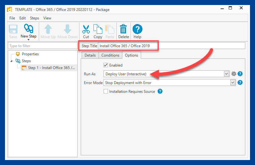 Office 365 template run mode settings.