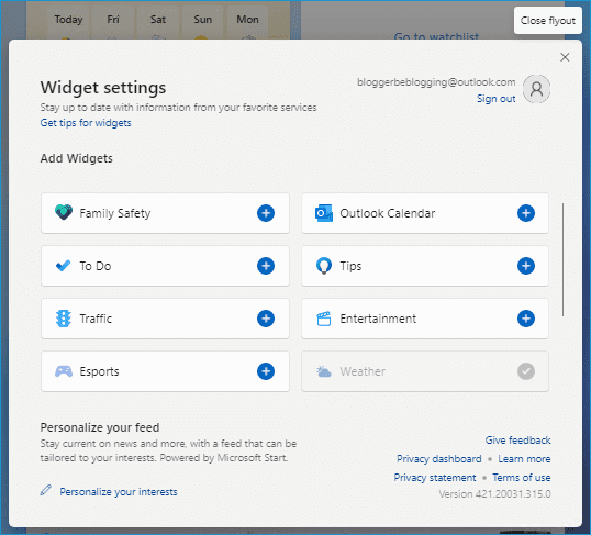 Widget settings panel in Windows 11 with options to add or remove widgets like Family Safety, Outlook Calendar, and Traffic.