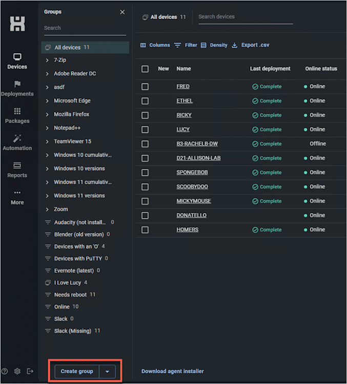 Screenshot of the PDQ Connect UI showing the Create group button near the bottom left of the pane.