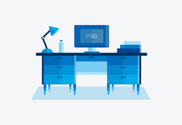 Illustration of computer desk and monitor with PDQ logo