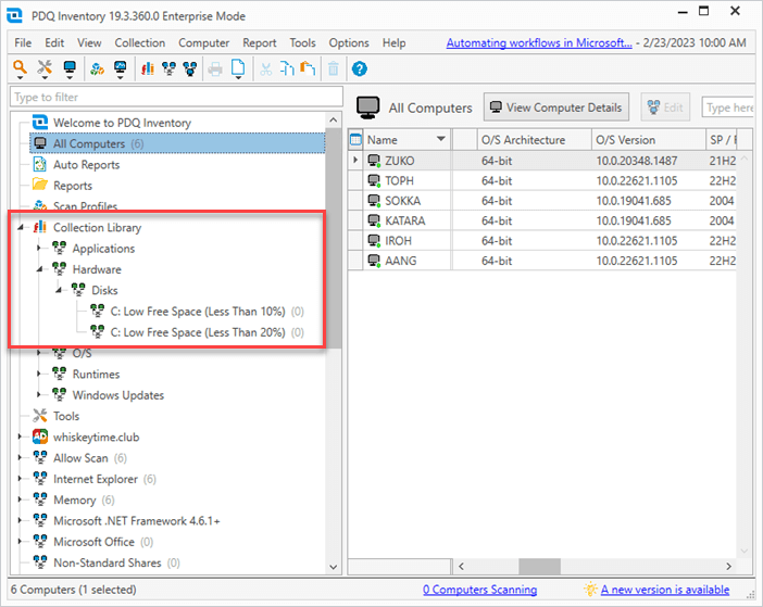 Disk usage collections in the Collection Library of PDQ Inventory.