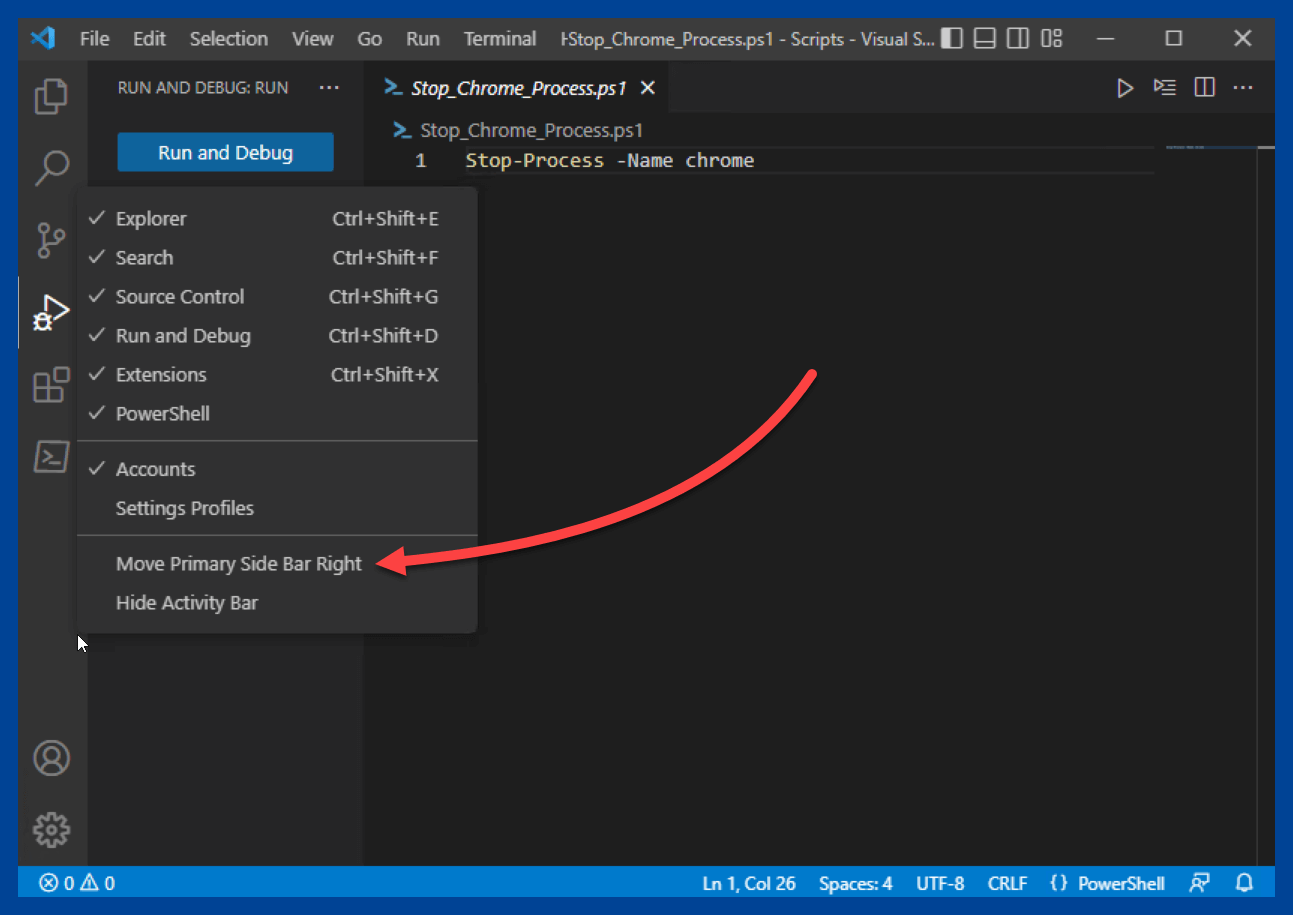 Moving the side bar to the right in VS Code