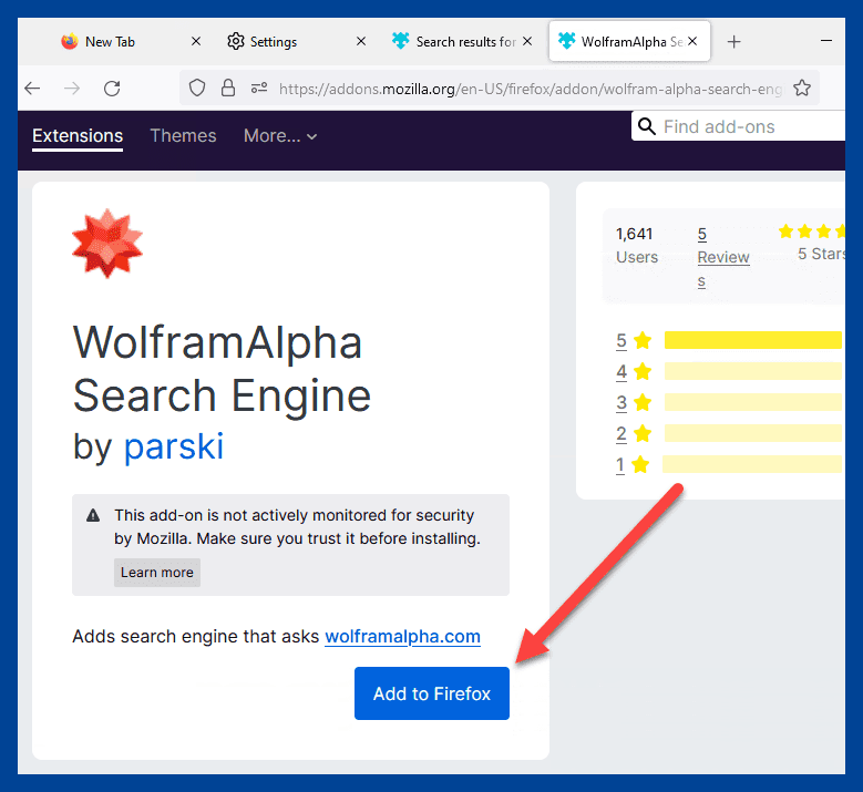 Firefox add-on page for WolframAlpha Search Engine with an arrow pointing to the "Add to Firefox" button.