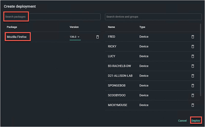 A screenshot showing how to create a deployment in PDQ Connect.