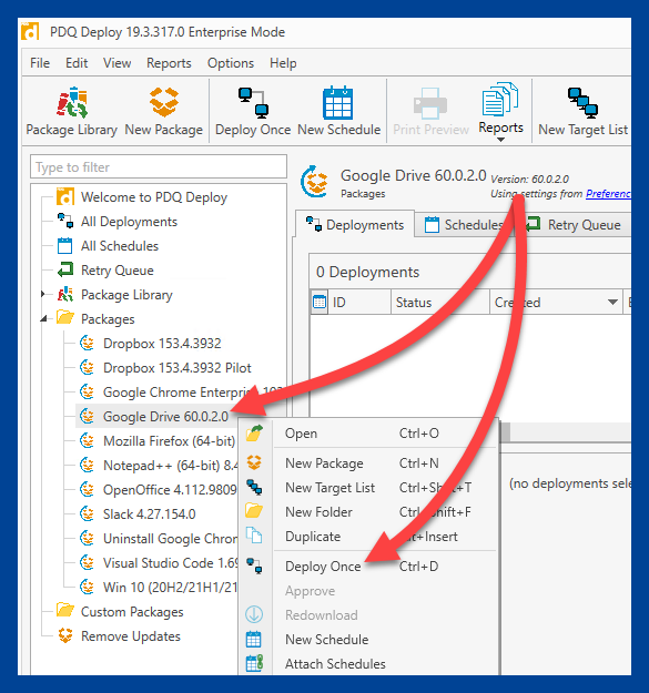 Deploy a package by right-clicking on it and clicking Deploy Once