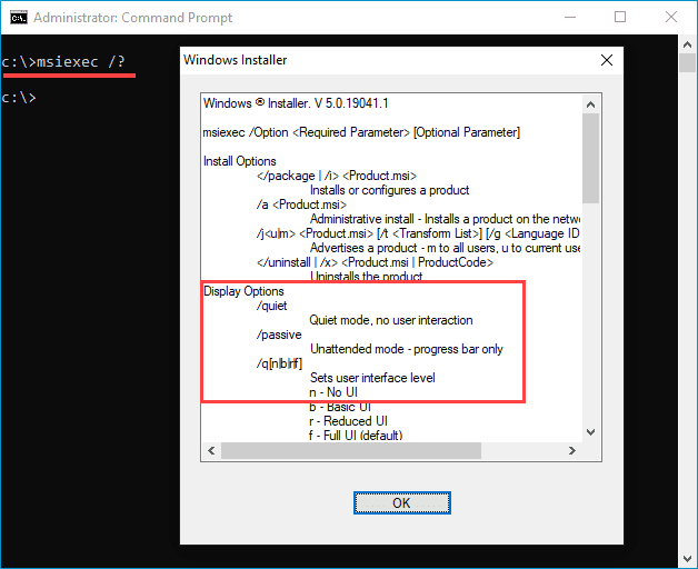 Windows Installer command line switches with /qn silent install option