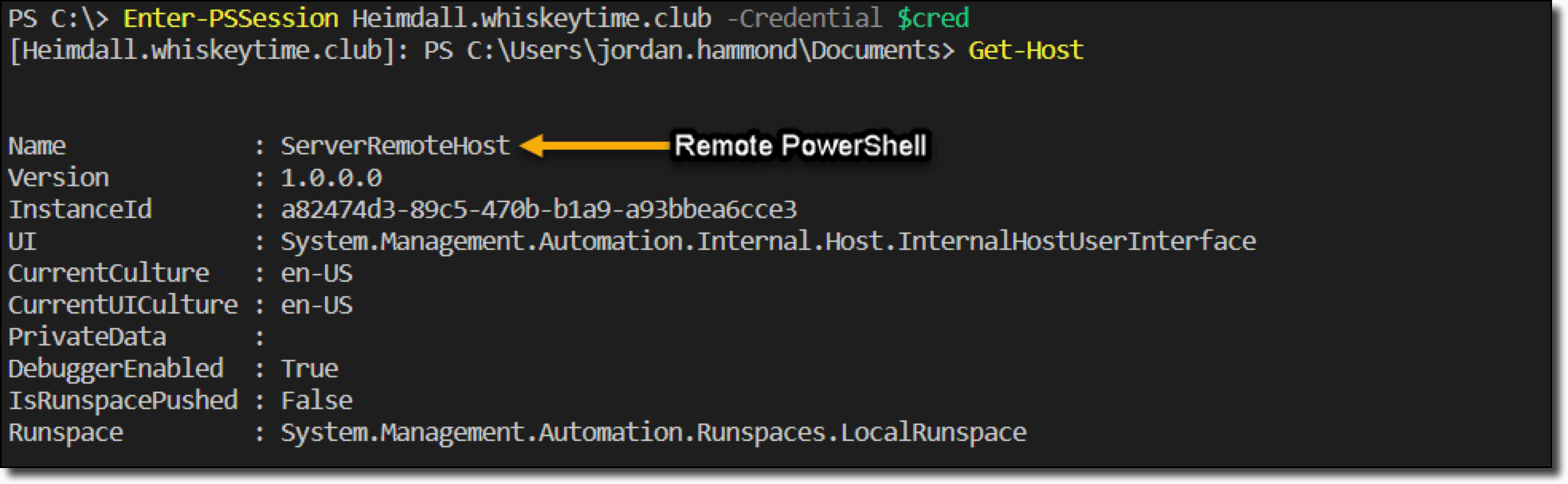 Screenshot of Get Host in Remote PowerShell via WinRM