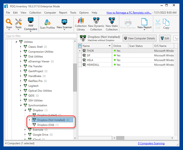 Create pilot collections such as Dropbox Not Installed and Dropbox Old to differentiate what type of Dropbox is on what devices