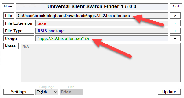 Screenshot showing how to detect the silent switch or parameter for an executable in Universal Silent Switch Finder.