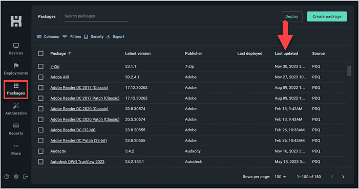 Screenshot showing how to sort packages by the date they were last updated in PDQ Connect.