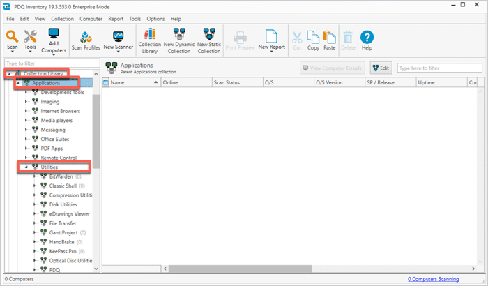 Screenshot of PDQ Inventory UI showing Collection Library > Applications > Utilities.