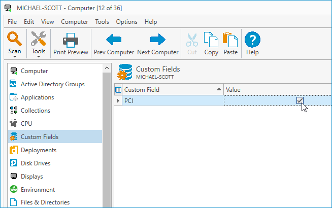 You should see PCI as a custom field option and a check box in the Value column