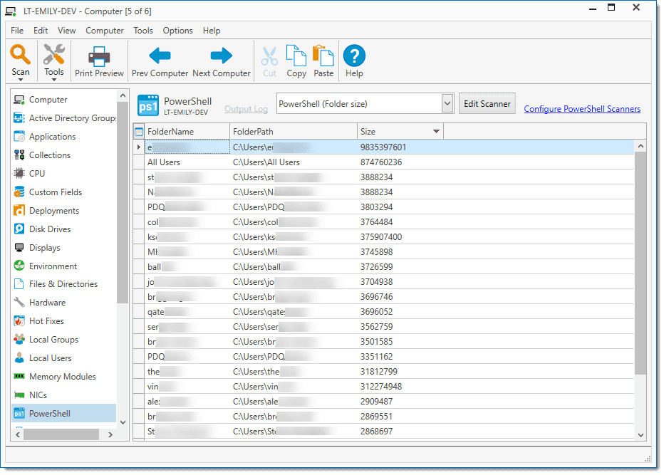 The PowerShell page of the Computer window displaying the results of a scan.